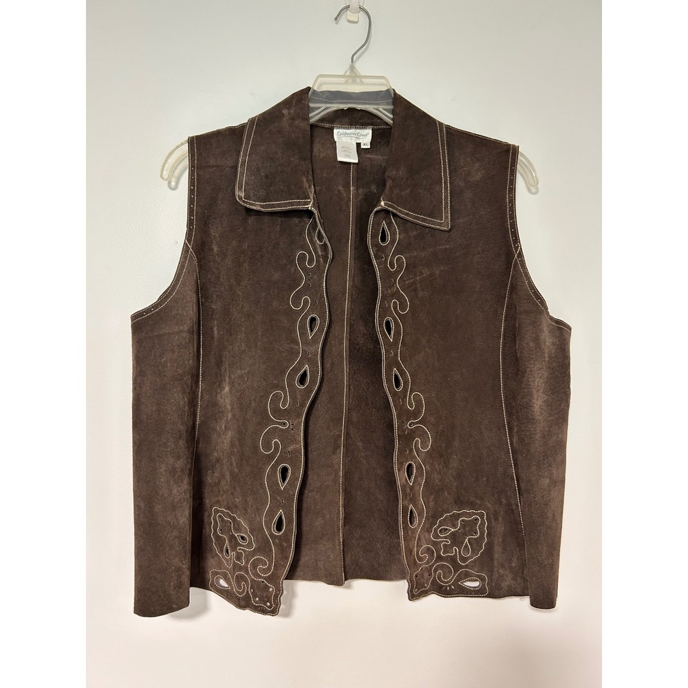 Coldwater Creek Womens‎ XL Brown Suede Leather Vest Embroidered Cutout Western